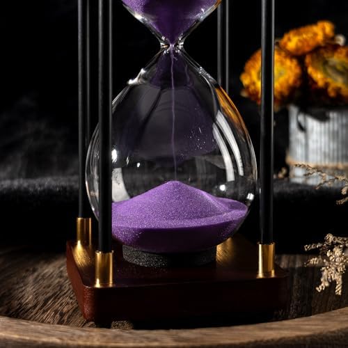 60 Minutes Sand Hourglass Timer, Vintage Sand Clock 60 Minutes, Large White Sander with Wooden End Caps, Hour Glass Sandglass Timer for Games Classroom Kitchen Decor (Purple Sand)