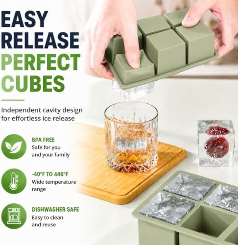 Large Ice Cube Tray for Whiskey: 2" Big Silicone Ice Tray with Lid for Whisky - 3Pack Old Fashioned Ice Cube Trays for Cocktail - Huge Square Cubed Bourbon Ice Cube Maker