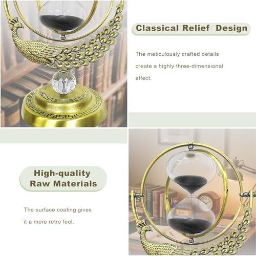 SuLiao Hourglass Sand Timer, 60 Minute Peacock Rotating Hour Glass, 60 Min Unique Black Sand Clock, Large 1 Hour Brass Sandglass, 1 hr Metal Decorative Reloj De Arena, Desk, Office, Home