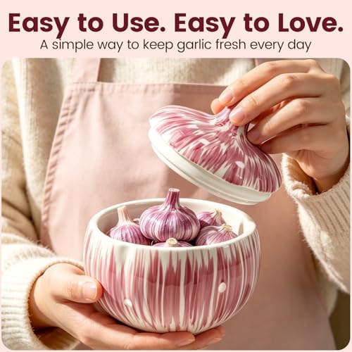 Purple Ceramic Garlic Keeper for Counter – With Lid & Vents, Garlic Holder Storage Container for Freshness – Large Capacity Garlic Saver – Cute Garlic Design – Also for Onion, Ginger – Kitchen Gift