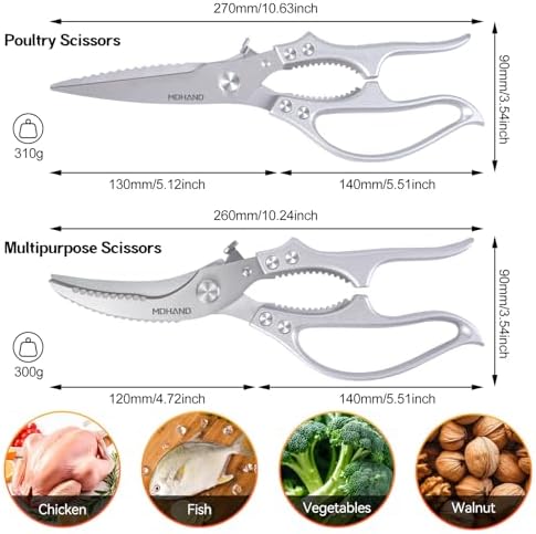 MDHAND Kitchen Shears Set, Heavy Duty Poultry Shears with Anti-Slip Handle & Safety Lock, Kitchen Food Scissors for Meat Chicken Fish Turkey Vegetables, Dishwasher Safe Cooking Scissors, Spring Loaded