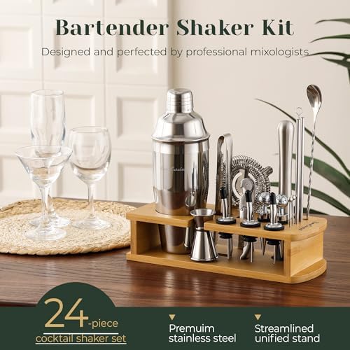 Cocktail Shaker Set,24-Piece Bartender Kit – Complete Bartending Kit Bar Set with Stand,Drink Shaker & Mixer – Perfect Bar Accessories for Home Bar Set,Housewarming Gifts for Men & Women,Silver