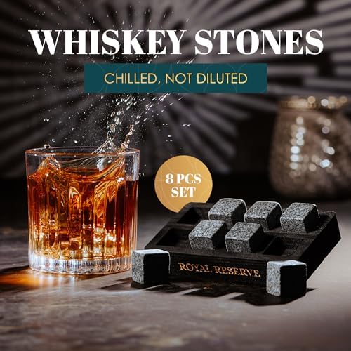 Whiskey Stones Gift Set for Men, 8 Granite Chilling Rocks with Wooden Tray