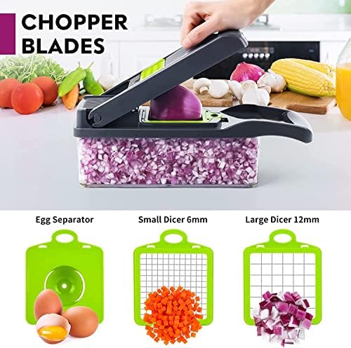 Vegetable Chopper Dicer Slicer Cutter, All In One Multifunctional 12 in 1 Food Choppers, Onion Chopper, Veggie Chopper with Stainless Steel Blades, Colander Basket and Container