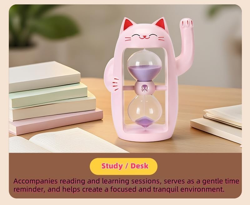 Lucky Cat Sand Timer Cute Hourglass Maneki-Neko Sandglass Timer reloj de Arena 3Min Sand Clock for Toothbrush Games Classroom Home Office Cooking Front Desk（Pink+3Min）