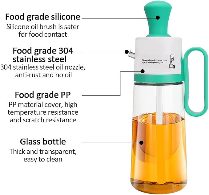 Oil Dispenser Bottle with Silicone Brush, 2 in 1 Dropper Measuring Glass Oil Bottle for Kitchen BBQ Grill Baking Air Fryer Oven (Green)
