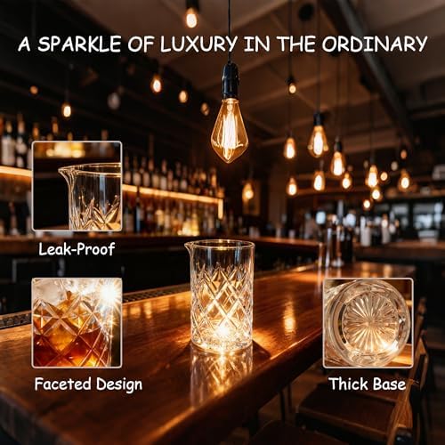 Professional 24 Oz Cocktail Mixing Glass Set - Thick Bottom Crystal Clear Bar Tools with Strainer, Jigger (15/30ml), Spoon & Recipe Guide
