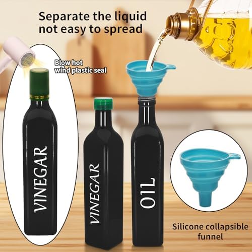 Olive Oil Dispenser Bottle,2 Pcs 17oz 500ml Glass O il and Vinegar Dispenser Set with 2 Stainless Steel Pourers, 8 Labels,Funnel Vinegar Bottles for Kitchen (Black)