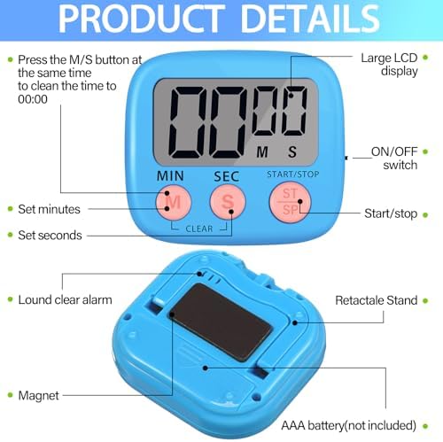 Leumoi 24 Pcs Digital Kitchen Timers Bulk Timer for Classroom, Blue