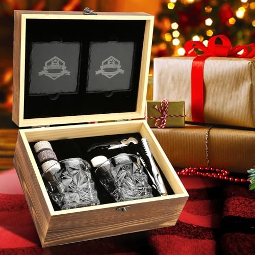 Whiskey Stones Gift Set, 2 Large Crystal Whiskey Glasses in Wood Gifts Box