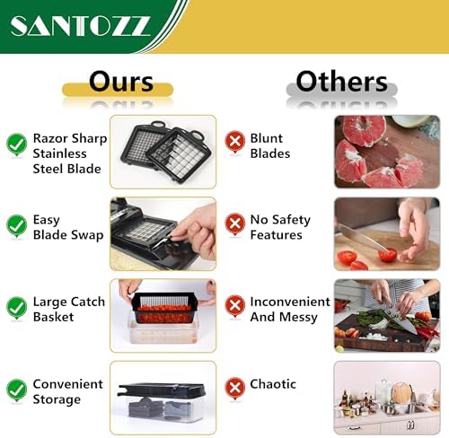 SANTOZZ Multifunctional Vegetable Chopper with Container, Vegetable Cutter with Interchangeable Blades, Onion Slicer, Garlic Grinder, Dicer for Potato, Carrot Chopper