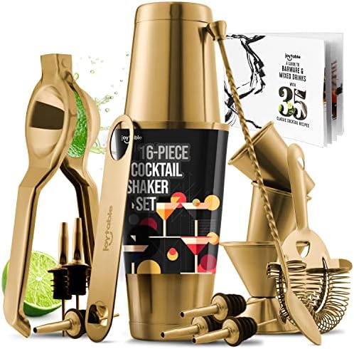 Bar Set Cocktail Shaker Set - Stainless Steel Mixology Bartender Kit, 16PC Cocktail Kit, Gold Cocktail Set, Bar Tools: 30oz Martini Shaker, Muddler, Bar Kit Cocktail Book, Jigger and Pourers
