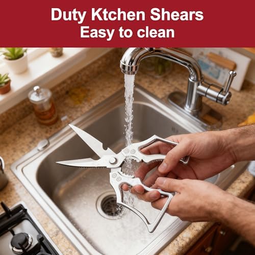 Heavy Duty Kitchen Scissors, Premium Stainless Steel Poultry Shears with Fish Scaler, Bottle Opener & Nutcracker, Multipurpose Straight Blade Food Shears for Chicken, Meat, Fish, Herbs