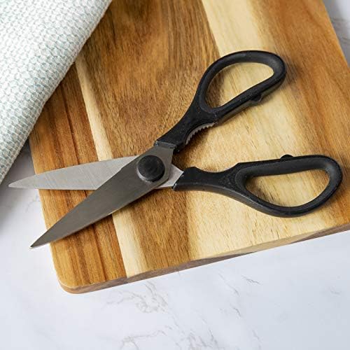 Rae Dunn Kitchen Scissors- Stainless Steel Kitchen Shears, Cooking Scissors for Cutting Meat, Chicken, Herbs and Produce with Blade Cover and Soft Grip Handles (Black)