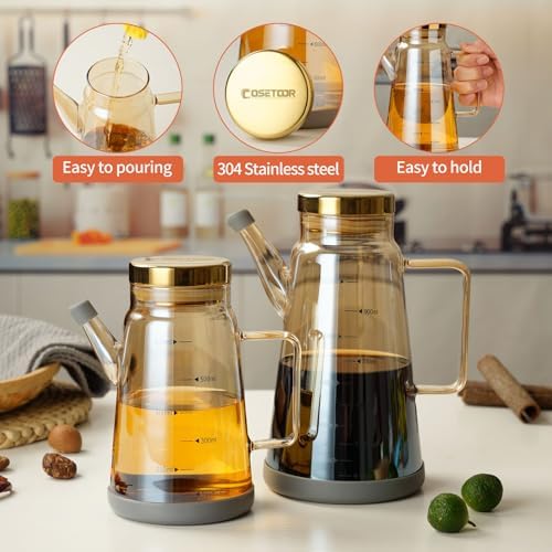 Glass Oil and Vinegar Dispenser with Stainless Steel Lid, No Drip Kitchen 20Oz Liquid Container, Large Cruet (Champagne, 600ml)