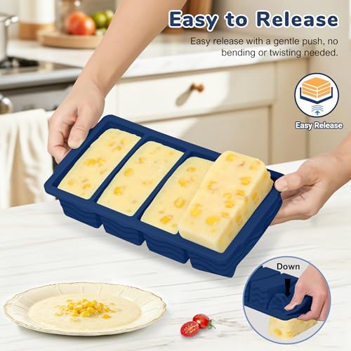 Silicone Freezer Trays with Lid (4-Pack), 1-Cup, 2-Cup, 1/2-Cup & 2-Tbsp Silicone Freezer Molds, Stackable Soup Freezer Meal Prep Containers,Ice Cube Tray for Making Sauce,Smoothies,Yogurt Bites
