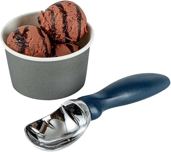 Restaurantware Comfy Grip 7.9 x 2 Inch Kitchen Ice Cream Scoop 1 Heavy-Duty Ice Cream Disher - Ergonomic PP Handle Dishwashable Navy Blue Metal Ice Cream Spade With Lid Opener Notch Multi-Use