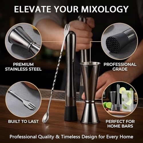 8 Inches Stainless Steel Muddler for Cocktails, Matching Jigger and Bar Spoon with Cocktail Muddler - 3 Pcs Drink Muddler for Cocktails