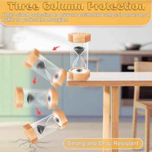 Hourglass Sand Timer 15 Minute, Natural Wood Grain Hexagonal Hour Glass Blaçk Sand Clock, Reloj De Arena, Large Wooden Sandglass Sand Watch 15 Min for Rustic Desk Decor, Office, Game, Classroom