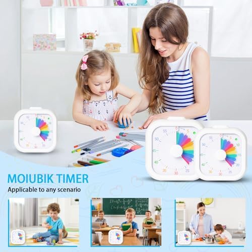 Visual Timer for Kids 60 Minute Countdown Timer Rainbow Square Desktop Timer for Classroom Study Office Kitchen with Silent Operation (White)