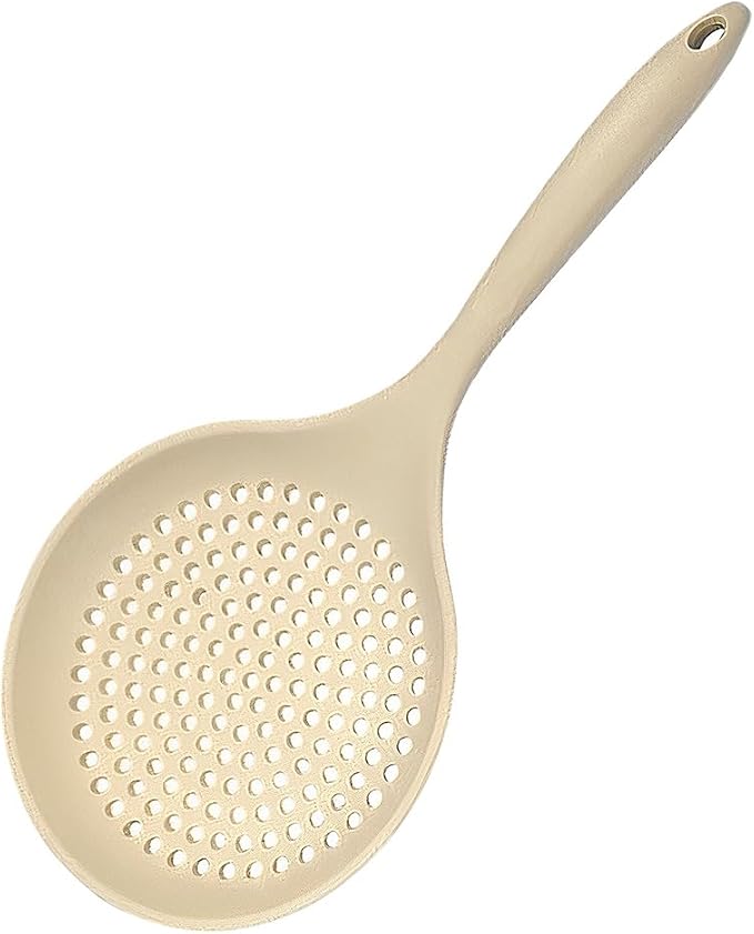 Kitchen Ladle Strainer, Large Slotted Spoon with High Heat Resistant BPA Free, Strainer Scoop for Pasta Noodles Vegetables, Non Stick Cooking Skimmers for Draining & Frying, Beige