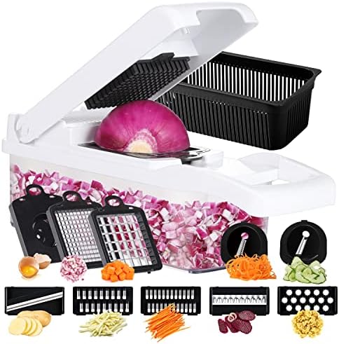 Ourokhome Vegetable Chopper Onion Cutter, 14 in 1 Professional Mandoline Slicer for Kitchen, Multifunctional Food Chopper for Potato, Tomato, Veggie with Strainer Basket, 10 Blades, Black