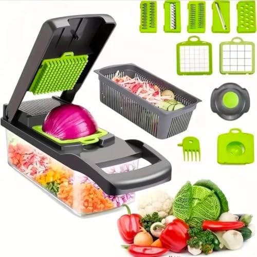 14-in-1 Vegetable Chopper Slicer & Dicer - Manual Food Chopper with Stainless Steel Blades, 1.2L Container for Kitchen, Onion Cutter, Veggie Slicer, Hand Operated, White
