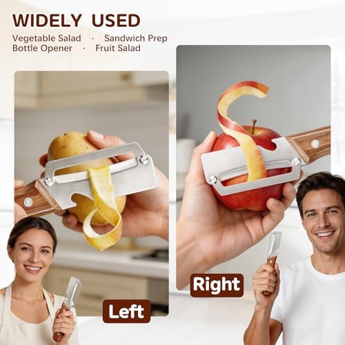 Left & Right Hand Vegetable Peeler Set with Bottle Opener, Thickened Stainless Steel Wide Blade for Smooth Peeling, Wooden Handle Kitchen Peeler for Fruits & Vegetables