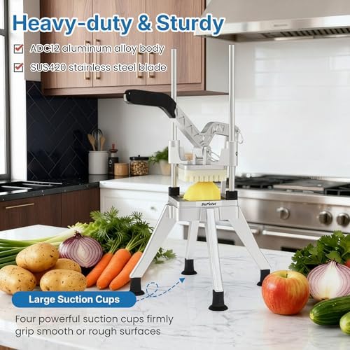 Commercial French Fry Cutter, Heavy Duty Potato Slicer with 1/2 Inch and 3/8 Inch Blade, Professional Fries Cutter for Restaurant & Home Kitchen, Stainless Steel