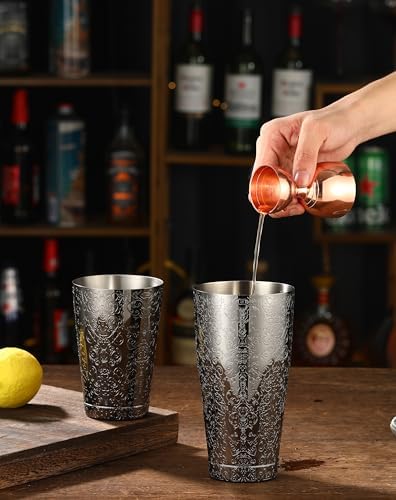 Stainless Steel Boston Shaker with Etched Pattern Weighted Shaking Tin Set (Spirit Gunmetal Black)