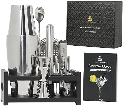 Hawke & Hanley Premium Boston Cocktail Shaker Set Bartender Kit - 12 Piece Mixology Bar Set with Weighted Boston Shaker, Bar Tools and a Black Bamboo Stand | Housewarming Gift Ideas