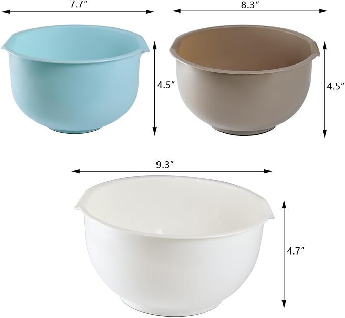 Set of 3 Mixing Bowls with Pour Spout-Nesting Design Saves Space - Non-Slip, BPA Free, Dishwasher Safe Plastic - Kitchen Cooking and Baking Supplies (Blue Grey white)