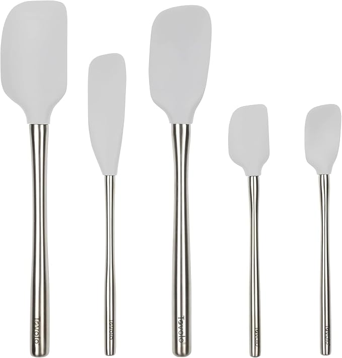 Tovolo Stainless Steel Handled Silicone Spatula Set of 5 Oyster Gray, Dishwasher Safe Kitchen Spatula Set for Cooking Baking, Non Toxic BPA Free Silicone Spatula set with Metal Steel Handle