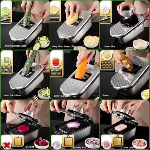 10 in1, 8 Blade Vegetable Chopper Food Grade Stainless Steel, Onion Mincer, Cutter, Dicer, Egg Slicer with Container, French Fry Cutter Potato Slicer, Home Essentials, Salad Chopper (Print Silver)