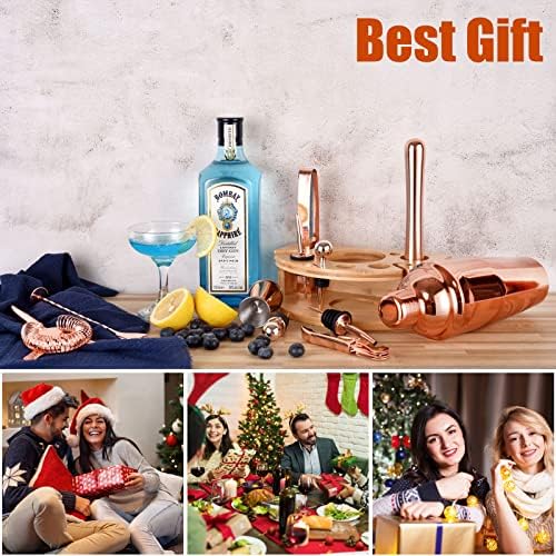 Bartender Kit with Stylish Bamboo Stand, 12 Piece 25oz Cocktail Shaker Set for Mixed Drink, Professional Stainless Steel Bar Tool Set, Gift for Man Dad- Cocktail Recipes Booklet (Rose Gold)