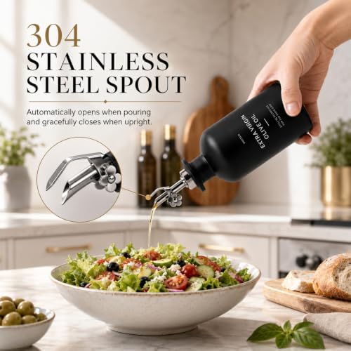 Olive Oil Dispenser for Kitchen, 2-Pack 12oz Black Glass Bottle with Labels