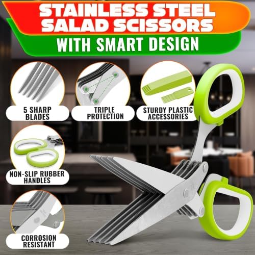 Herb Scissors with 5 Blades and Cover, Cleaning Brush, Even Cuts