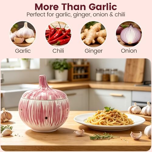 Purple Ceramic Garlic Keeper for Counter – With Lid & Vents, Garlic Holder Storage Container for Freshness – Large Capacity Garlic Saver – Cute Garlic Design – Also for Onion, Ginger – Kitchen Gift