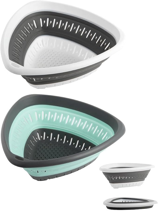 2-Pack Triangle Collapsible Silicone Colander Strainer, Foldable Kitchen Sink Basket for Washing Vegetables & Pasta, Space Saving & Dishwasher Safe, Kitchen Essentials (White and Blue)