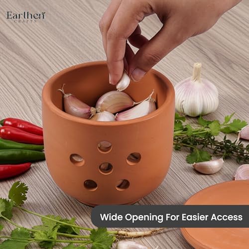EARTHEN CRAFTS Terracotta Garlic Keeper with Lid 4.5" Handmade Clay Storage Jar with Vent Holes for Kitchen Countertop, Breathable Rustic Garlic Crock for Fresh Cloves