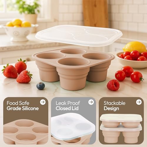Silicone Freezer Tray with Lid - Stackable 2 oz Large Ice Cube Molds for Homemade Purees, Egg Bites, Broth Food Storage - Dishwasher Safe - CARAMEL
