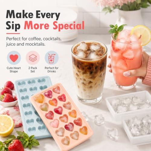 2 Pack Heart Shpaed Ice Cube Trays with Lids, 42 Holes Silicone Heart Ice Cube Molds for Whiskey, Cocktail, Fun Shapes Ice Cubes, Chocolate, Candle, Candy, Jelly, Jello - with Lids Bins