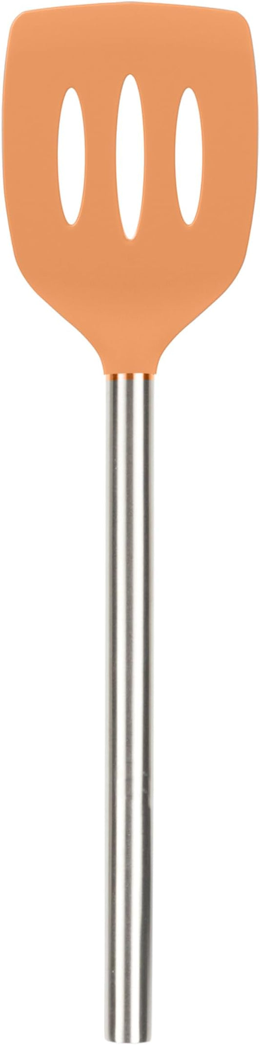 Tovolo Slotted Silicone Spatula Turner Slotted Stainless Steel Handle 10" Apricot Orange Heat Resistant Non Toxic BPA Free Kitchen Utensil, Silicone Pancake Flipper Metal Handle Turner for Cooking