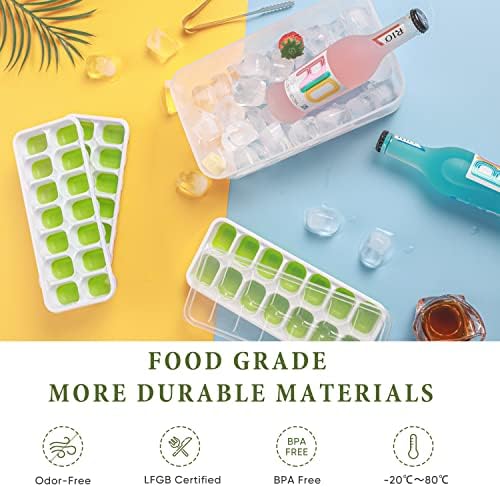 DOQAUS Ice Cube Tray with Lid and Bin, 3 Pack Silicone Plastic Iced Cubes Trays for Freezer with Box/Container, Stackable with Storage Ices Bucket, Tong, Scoop, for Baby Food, Cocktail, Coffee