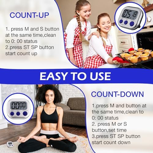 Leumoi 24 Pack Multi-Function Digital Timers with Magnetic Back, Large LCD Display, Loud Alarm, Count up & Countdown, Memory Function for Cooking, Classroom, Study, Exercise & Work(Sliver and Blue)