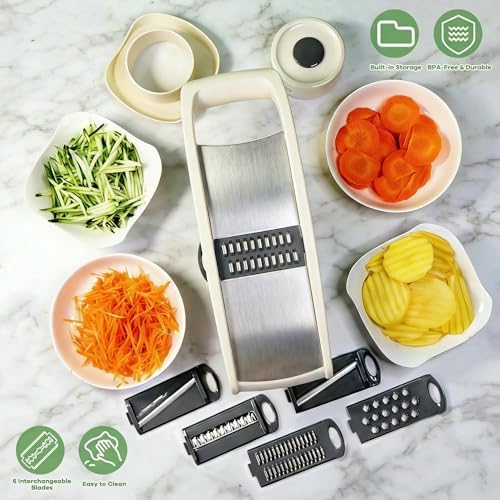 6-in-1 Mandoline Slicer for Kitchen, Multi Blade Veggie Cutter with Drainage Tray, Stainless Steel Blades, BPA-Free, Non-Slip Base & Easy Clean for Meal Prep (stainless steel)