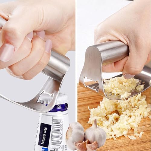 Garlic Press Set,Garlic Press Rocker Heavy Duty Stainless Steel Garlic Mincer, Garlic Chopper with Peeler And Cleaning Brush for Smash Garlic Kitchen Tools(1Set)