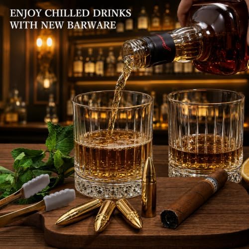 Gifts for Men Dad - Whiskey Glass Set with 6 Gold Bullet Whiskey Stones，Luxury Whiskey Set，Cool Bourbon Gifts for Men，Cool Drinking Accessories for Home Bar
