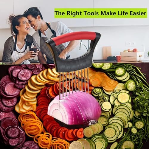 Upgraded Stainless Steel Lemon Slicer Onion Cutter, Onion Holder for Slicing, Vegetable Cutter Kitchen Chopper Slicing Assistant Tool for Potato and Tomato Avocados Eggs Meat (1, Black Red)