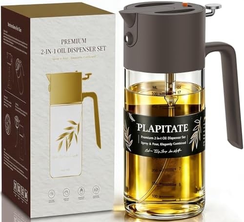 PLAPITATE 17oz/500ml Premium Olive Oil Sprayer for Cooking, 2 in 1 Glass Olive Oil Dispenser Bottle for Kitchen Gadgets, Spray Bottle with Portion Control for Salad, Frying, BBQ (Gray)
